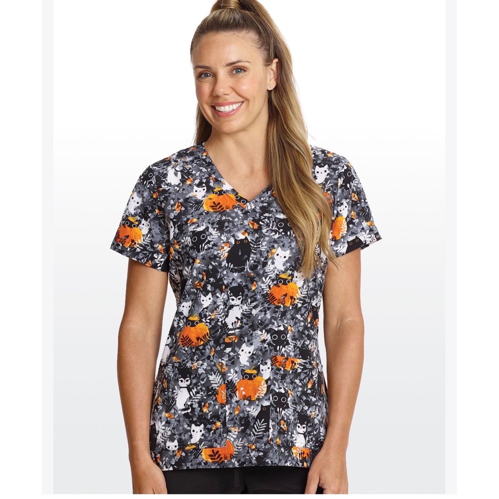 Koi Planet Cat Purry Leaves Halloween Scrub Top Womens Small Cats Pumpkins Grey